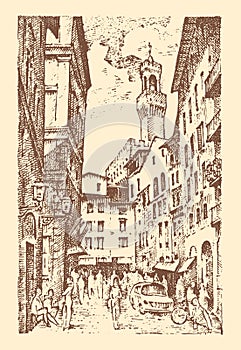 Scene Streets in European town Florence in Italy . engraved hand drawn in old sketch and vintage style. historical