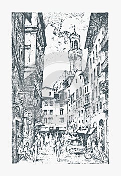 Scene Streets in European town Florence in Italy . engraved hand drawn in old sketch and vintage style. historical