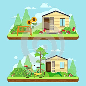 Scene on summer day in garden. Summer landscapes with house, bike and trees