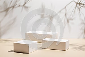 scene with three white podiums on beige background
