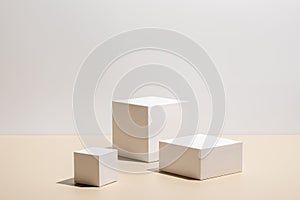 scene with three white podiums on beige background