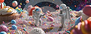 Tiny astronauts explore sprinkle galaxy on cupcake planet