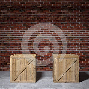 A scene of two wooden crate stands on a brick loft background. 3d render