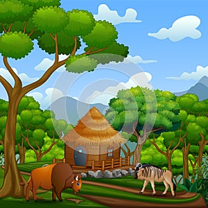 Scene with wooden cottage with animals