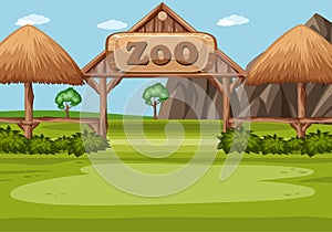 Scene with zoo sign in the green field