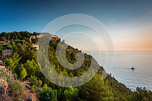 Scenery of the Alanya castle walls at sunset, Turkey