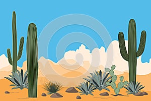 Scenery of the arid desert. Landscape of a valley with Saguaro cacti. View of mountains, clear blue sky background