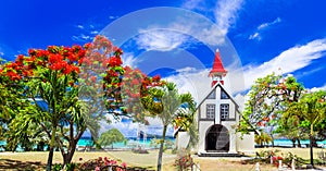 Scenery of beautiful Mauritius island - Red church on the beach