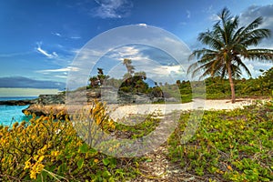 Scenery of Caribbean Sea coast near Playa del Carmen at sunset, Mexico