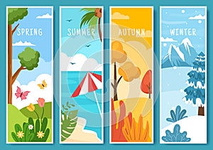 Scenery of the Four Seasons of Nature with Landscape Spring, Summer, Autumn and Winter in Template Hand Drawn Cartoon Illustration