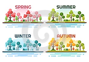 Scenery of the Four Seasons of Nature with Landscape Spring, Summer, Autumn and Winter in Template Hand Drawn Cartoon Illustration