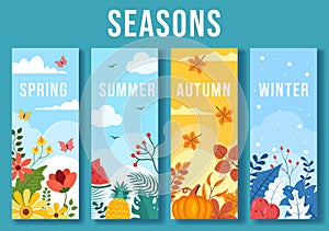 Scenery of the Four Seasons of Nature with Landscape Spring, Summer, Autumn and Winter in Template Hand Drawn Cartoon Illustration