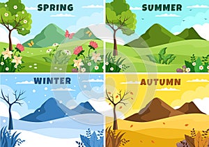 Scenery of the Four Seasons of Nature with Landscape Spring, Summer, Autumn and Winter in Template Hand Drawn Cartoon Illustration