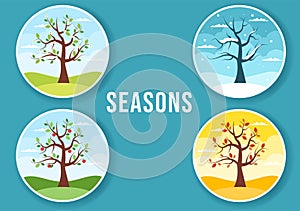 Scenery of the Four Seasons of Nature with Landscape Spring, Summer, Autumn and Winter in Template Hand Drawn Cartoon Illustration