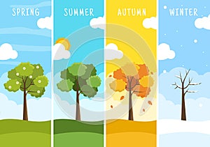 Scenery of the Four Seasons of Nature with Landscape Spring, Summer, Autumn and Winter in Template Hand Drawn Cartoon Illustration