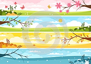 Scenery of the Four Seasons of Nature with Landscape Spring, Summer, Autumn and Winter in Template Hand Drawn Cartoon Illustration