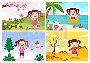 Scenery of the Four Seasons of Nature with Landscape Spring, Summer, Autumn and Winter in Template Hand Drawn Cartoon Illustration