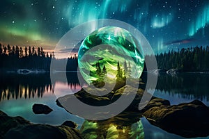 Scenery glass ball with bright Northern Lights in the dark sky