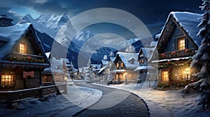 Scenery of houses on Christmas in mountain village in winter at night