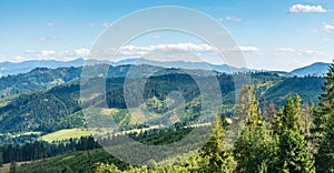 Scenery of Kysucka vrchovina and Krivanska Mala Fatra mountains from view tower above Zborov nad Bystricou village in Slovakia