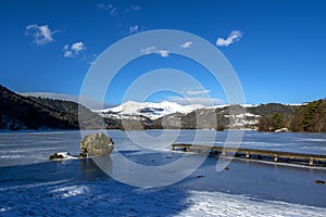 Scenery of Lake Chambon in winter, Puy de Dome, Auvergne-Rhone-Alpes, France