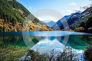 Scenery Of Lake in Forest with Colorful Leafs and Mountain in Autumn