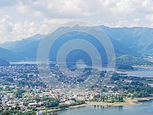 Scenery of Lake Kawaguchi, the biggest lake of Fuji five lakes, with Fujikawaguchiko or Kawaguchiko and mt Kurodake