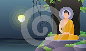 Scenery the lord Buddha meditation under bodhi tree near the river and fullmoon night cartoon vector illustration