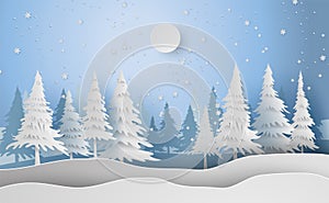 Scenery Merry Christmas and New Year on holidays background with forest winter snowflakes season landscape.Creative design paper