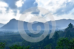 Scenery of the morning mist in the mountains of southern Thailand.