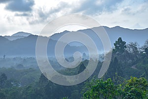 Scenery of the morning mist in the mountains of southern Thailand.