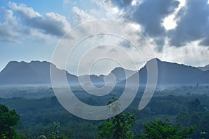 Scenery of the morning mist in the mountains of southern Thailand.