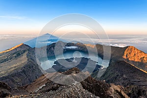 Scenery of Mount Rinjani, active volcano and crater lake from the summit at sunrise, Lombok - Indonesia