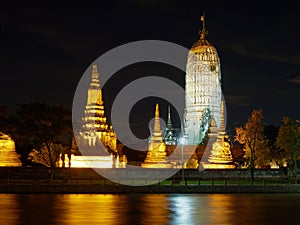 Scenery night view of Wat Phutthaisawan temple with reflection in Chao Phraya River, Ayutthaya province, Thailand