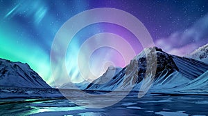 Scenery of Northern lights aurora borealis green and purple with snow mountains Reflection in the lake water Generative AI