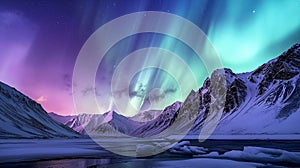 Scenery of Northern lights aurora borealis green and purple with snow mountains Reflection in the lake water Generative AI