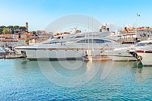 Scenery panoramic aerial cityscape view of harbour Cannes, France. Landscape of harbor, port in Cannnes. Cote d`Azur France. Luxu