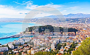 Scenery panoramic aerial cityscape view of Nice, France. Landscape of harbor, port in Nice. Cote d`Azur France. Luxury resort