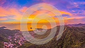 scenery panoramic Phuket big Buddha in beautiful sunset.