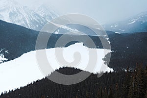 Scenery of Peyto Lake with snow covered in the valley on snowing day at Banff national park