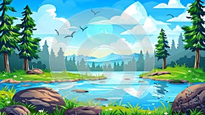 Scenery pond and spruces under blue sky with clouds and flying birds in the summer landscape with lake, grass and