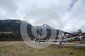 Scenery of prayer flags on rainny day