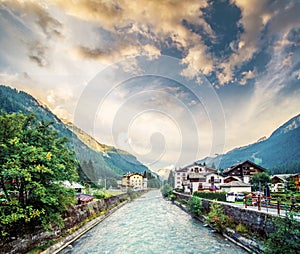 Scenery of river in alpine town