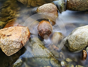 Scenery of river stream flowing between rocks with motion blur due to slow shutter effect and selective focus