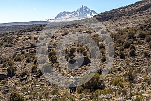 Scenery, rock piles and hiking trail on the slope of Mount Kilimanjaro