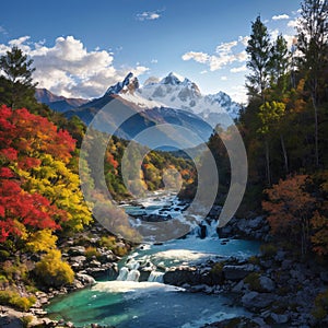 The scenery of snow-capped mountains and waterfalls, charming autumn colors, a famous tourist attraction in Latin