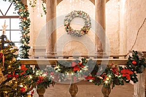 The scenery of the Studio or theater. Entrance in an old architecture with staircase and columns. Christmas decoration