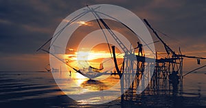 Scenery of sunrise over lake with thai traditional fishing trap at Pakpra