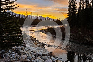 Scenery sunrise skyline of Bow River and Castle Mountains at Banff National Park in Alberta, Canada