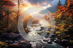 Scenery with Sunrise at thr River in Autumn Forest, Generative AI